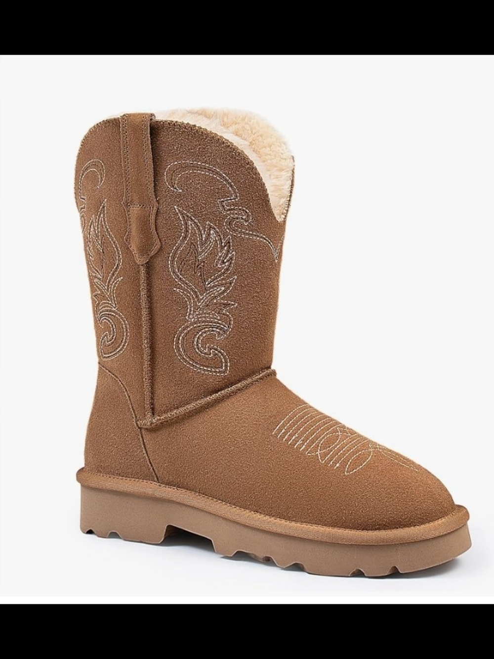 Winbird Winter Cowboy Boots Feature Chestnut Suede Leather And White Faux Fur